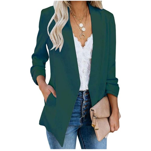 3/4 sleeve ruched blazer, dark green, M, never worn, came without tags - Picture 5 of 8